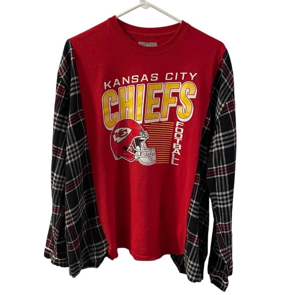 KC Chiefs Flannel Sleeve T Shirt Upcycle Oversized Fit up to 1XL